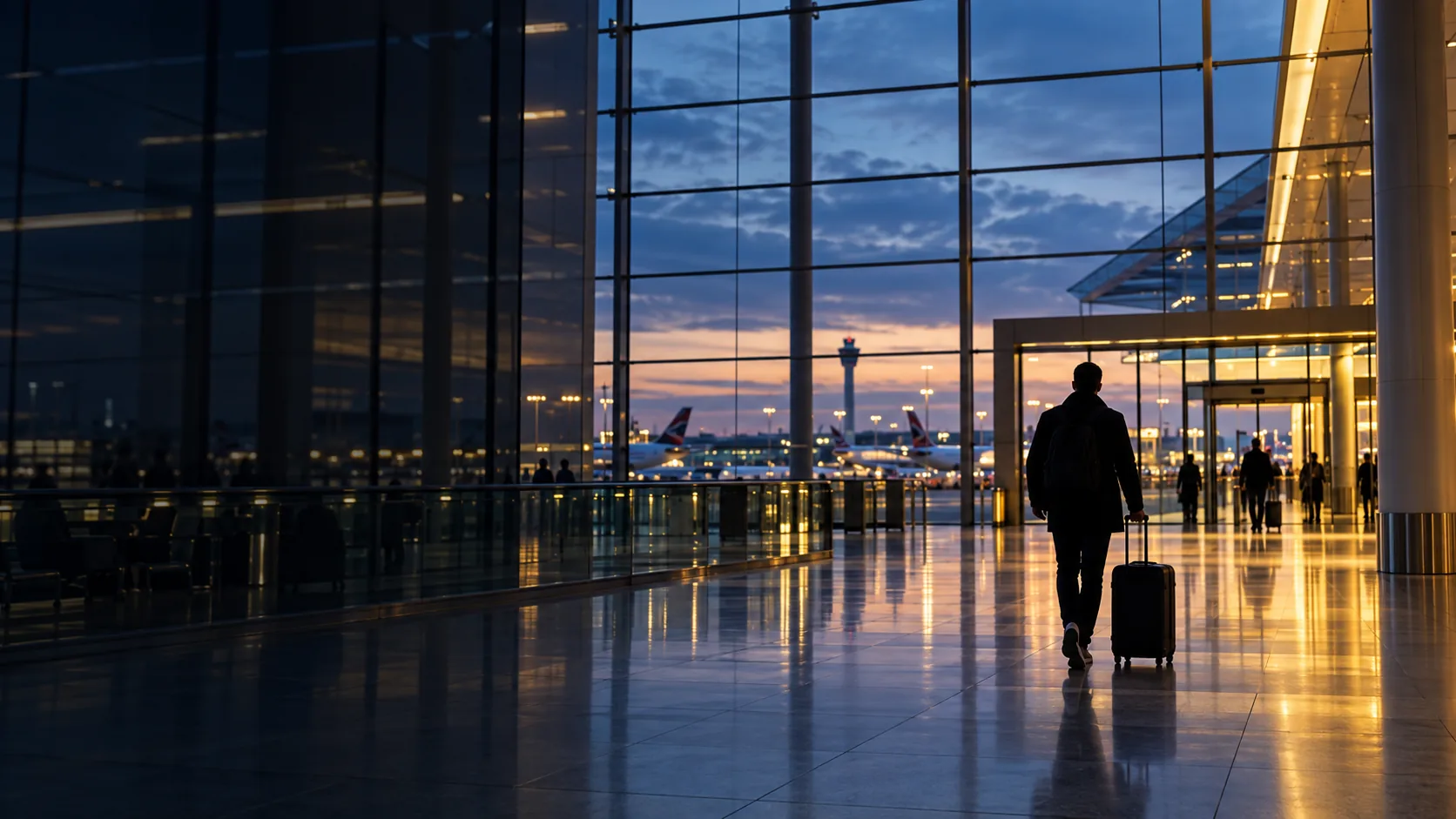 London airport arrivals hall with a traveller walking toward the terminal exit