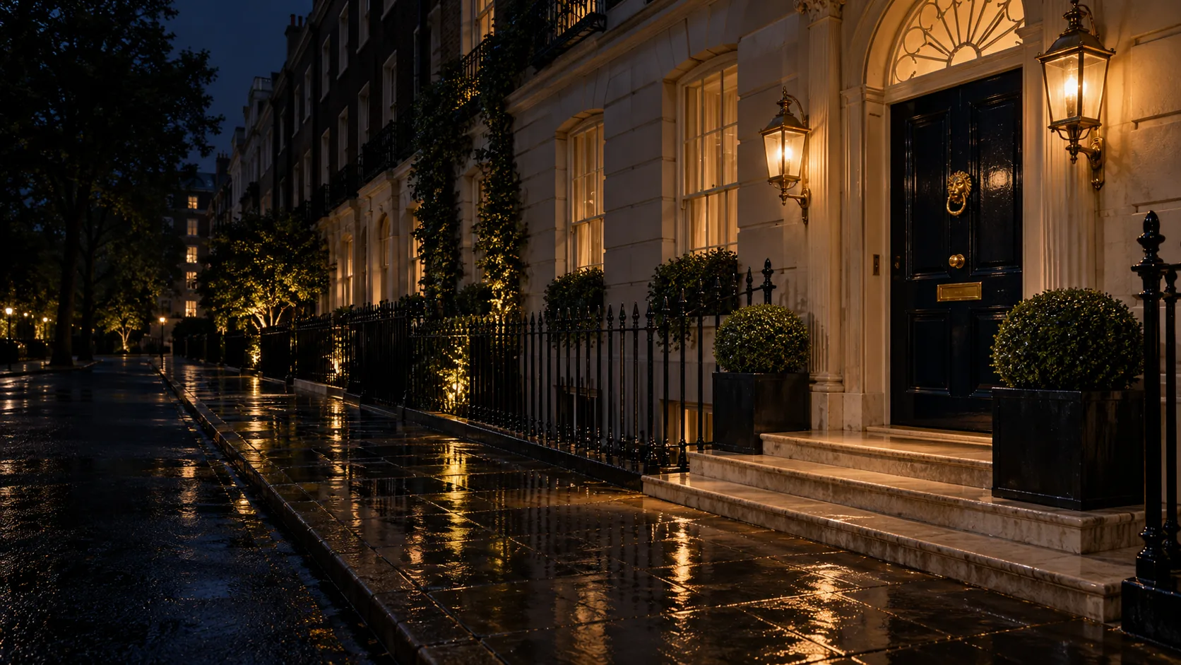 Private London townhouse entrance on a rainy evening