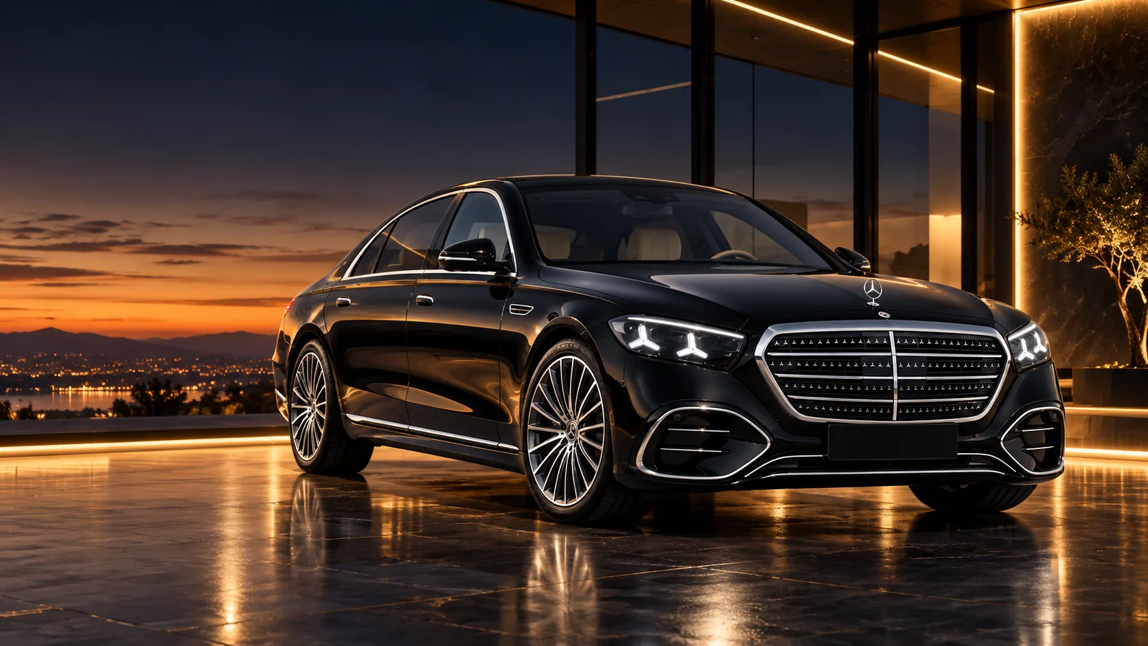 Illustration of a new-shape Mercedes-Benz S-Class in a glass pavilion