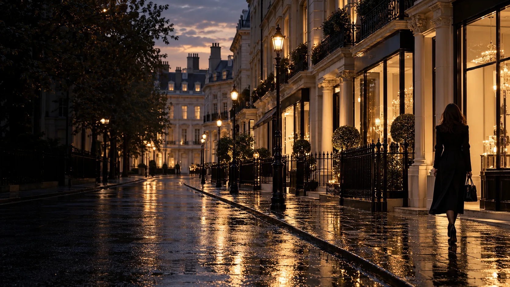 Mayfair shopping street and hotel entrances at dusk