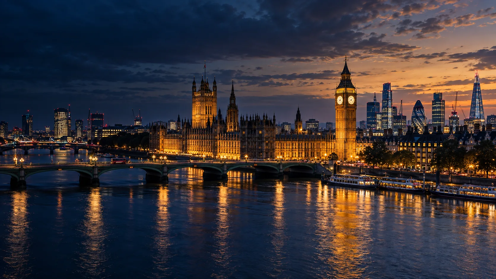 Westminster and the River Thames illuminated at dusk