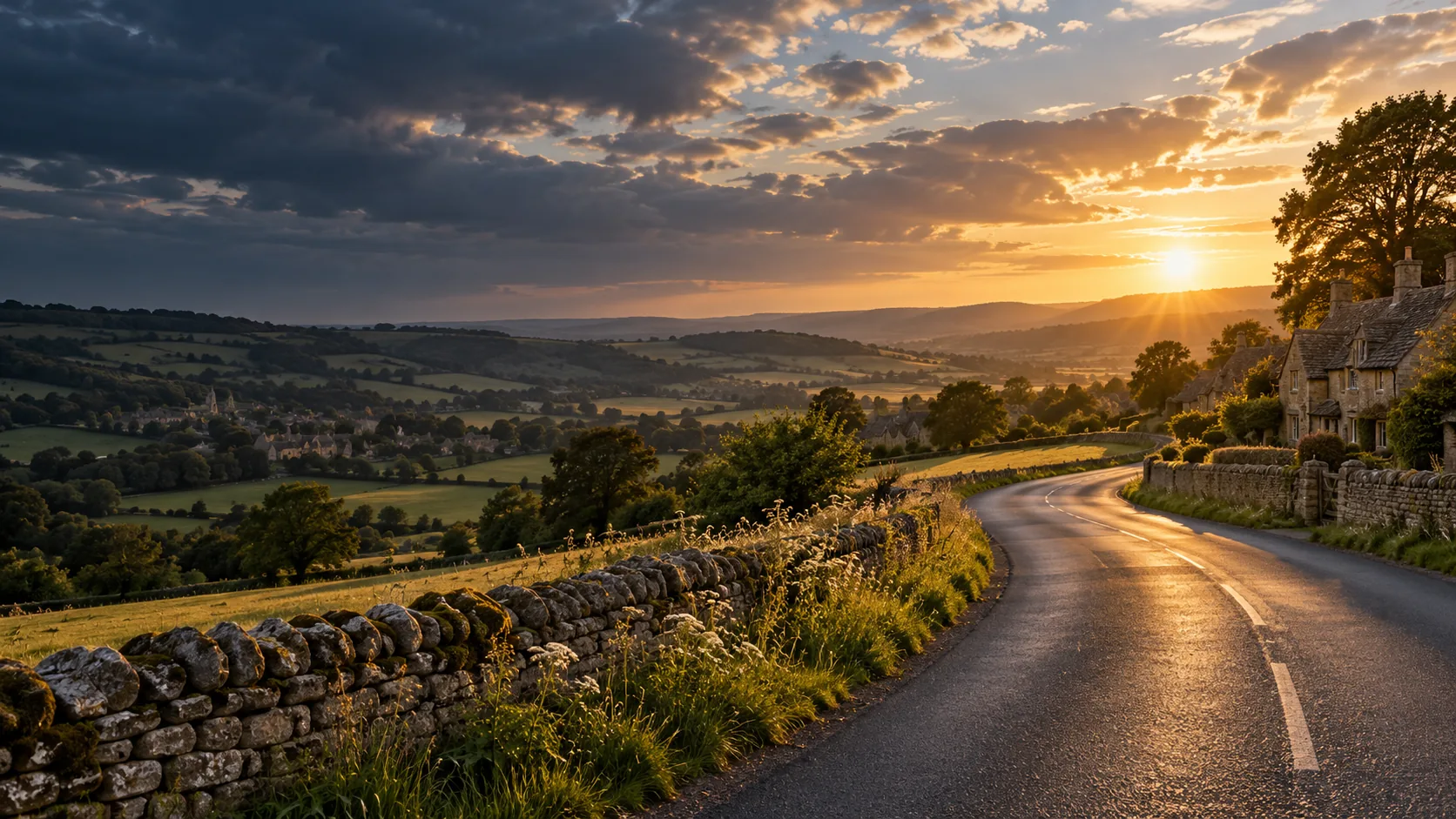 Open road across the English countryside at sunset