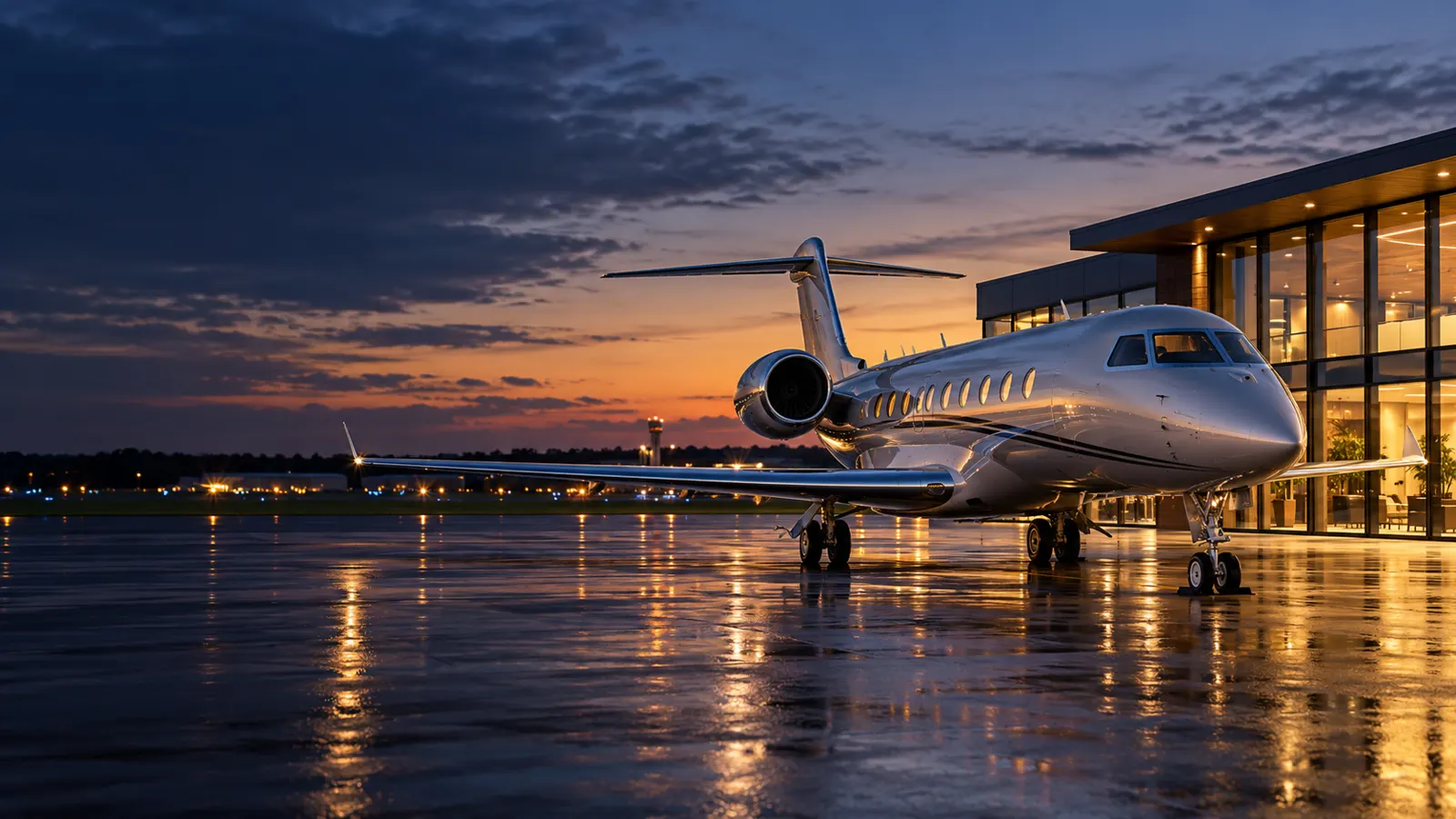 Private jet on a business aviation apron at twilight